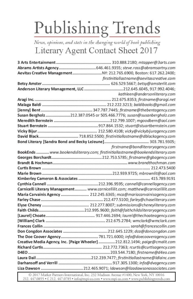 Literary Agent Contact Sheet 2017 Publishing Trends