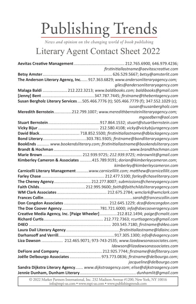 Literary Agent Contact Sheet 2022 Publishing Trends